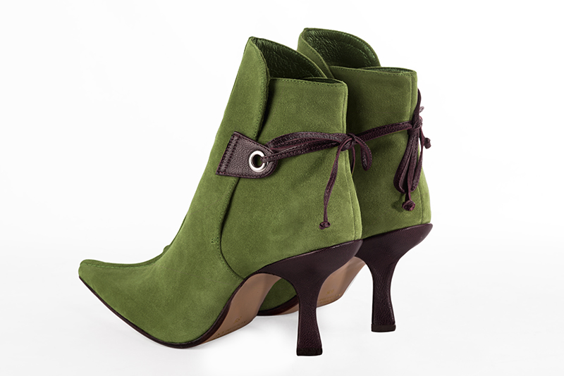 Women's pistachio green and dark brown elegant ankle boots, with laces at the back. Pointed toe. High spool heels - Rear view